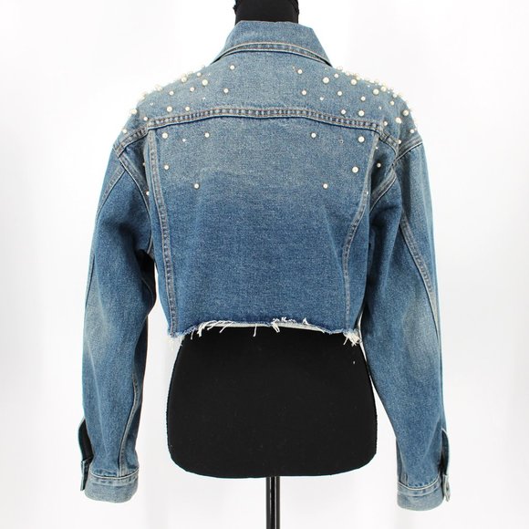 Grlfrnd Eve Cosmic Ray Blue Denim Pearl Embellished Cropped Jean Jacket XS Small - Picture 6 of 10
